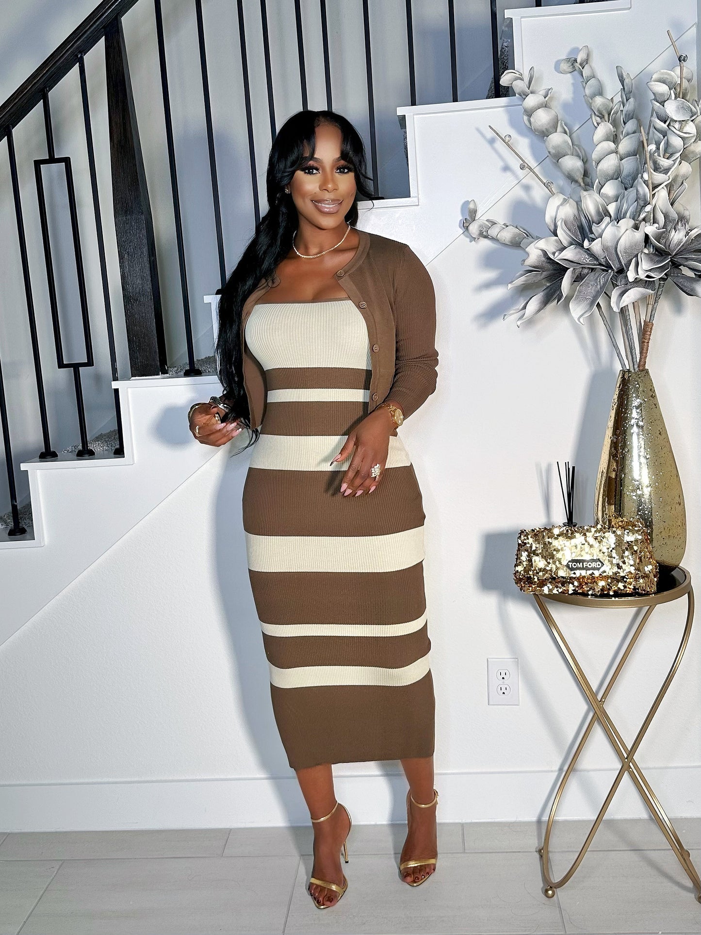 ALWAYS PRETTY CARDIGAN DRESS SET (BROWN)