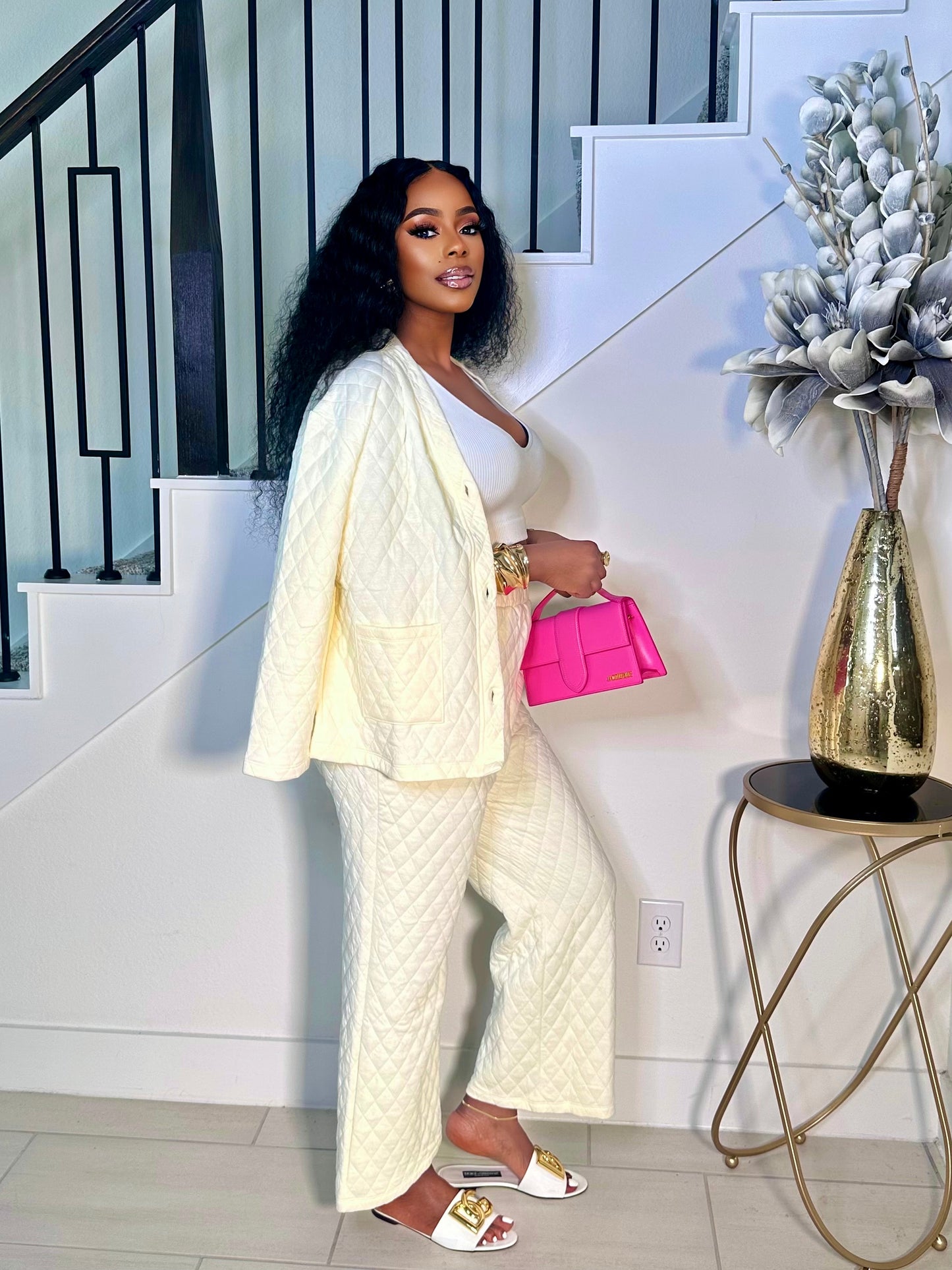 GLAM UP IN QUILT PANTS SET (CREAM)