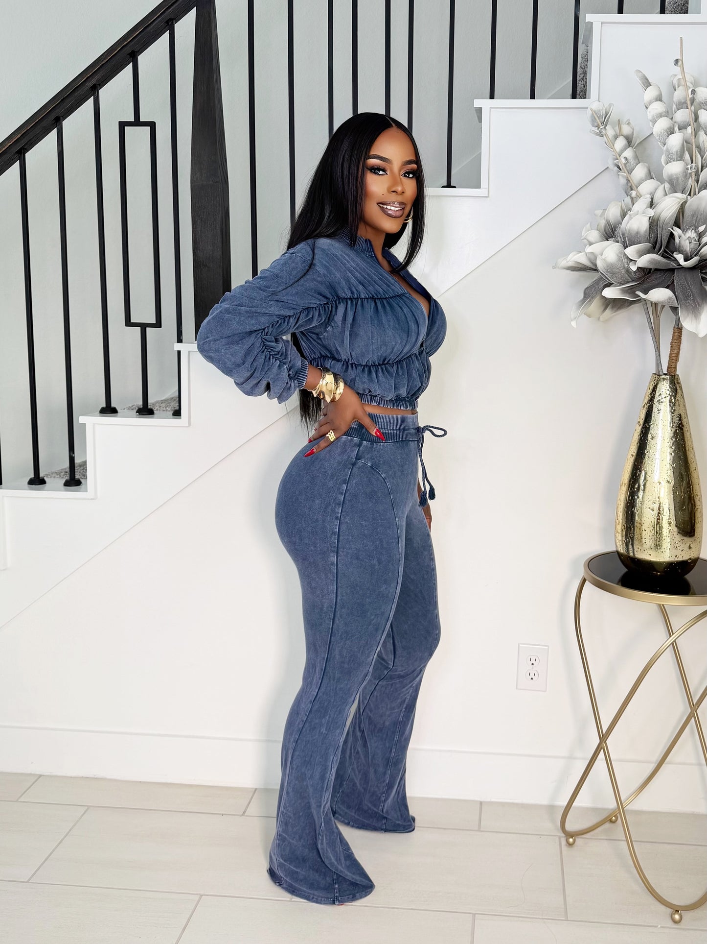 KEISHA 2 PIECE WASH PANTS SET (NAVY)