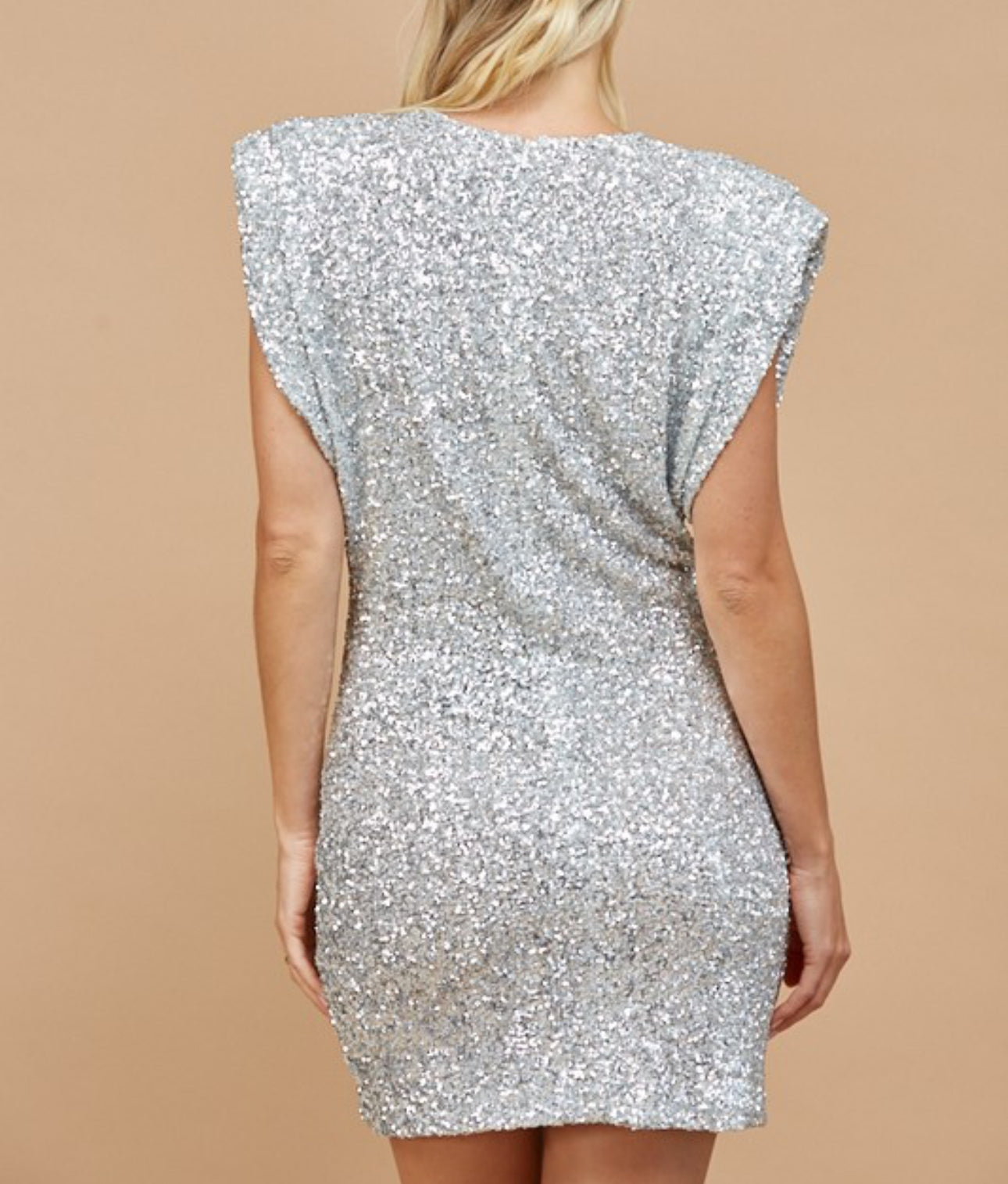 GLITTER WITH ME SHOULDER PAD SEQUIN DRESS (SILVER)