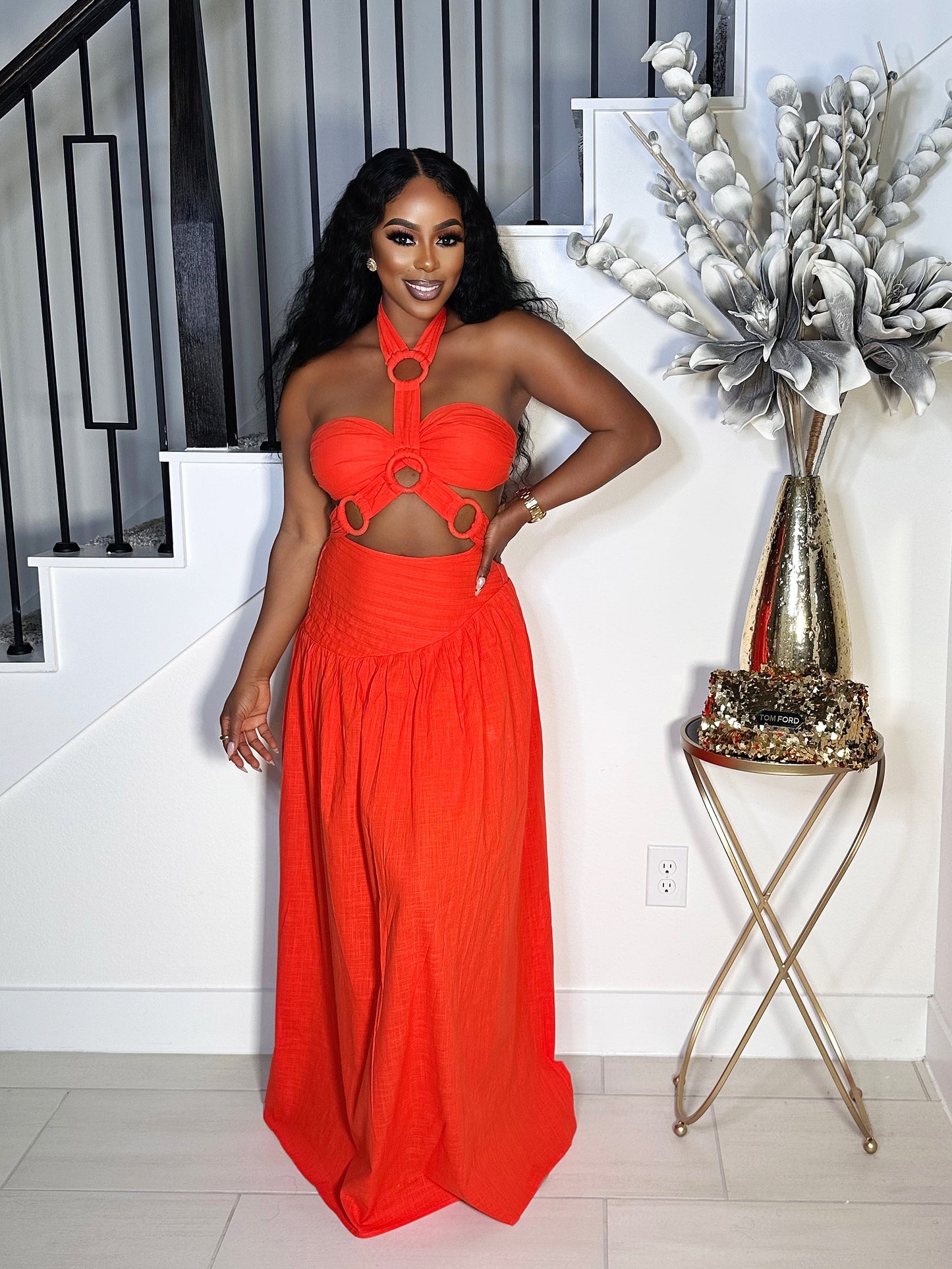 MAJOR ATTRACTION LINEN 2 PIECE MAXI DRESS (CORAL)