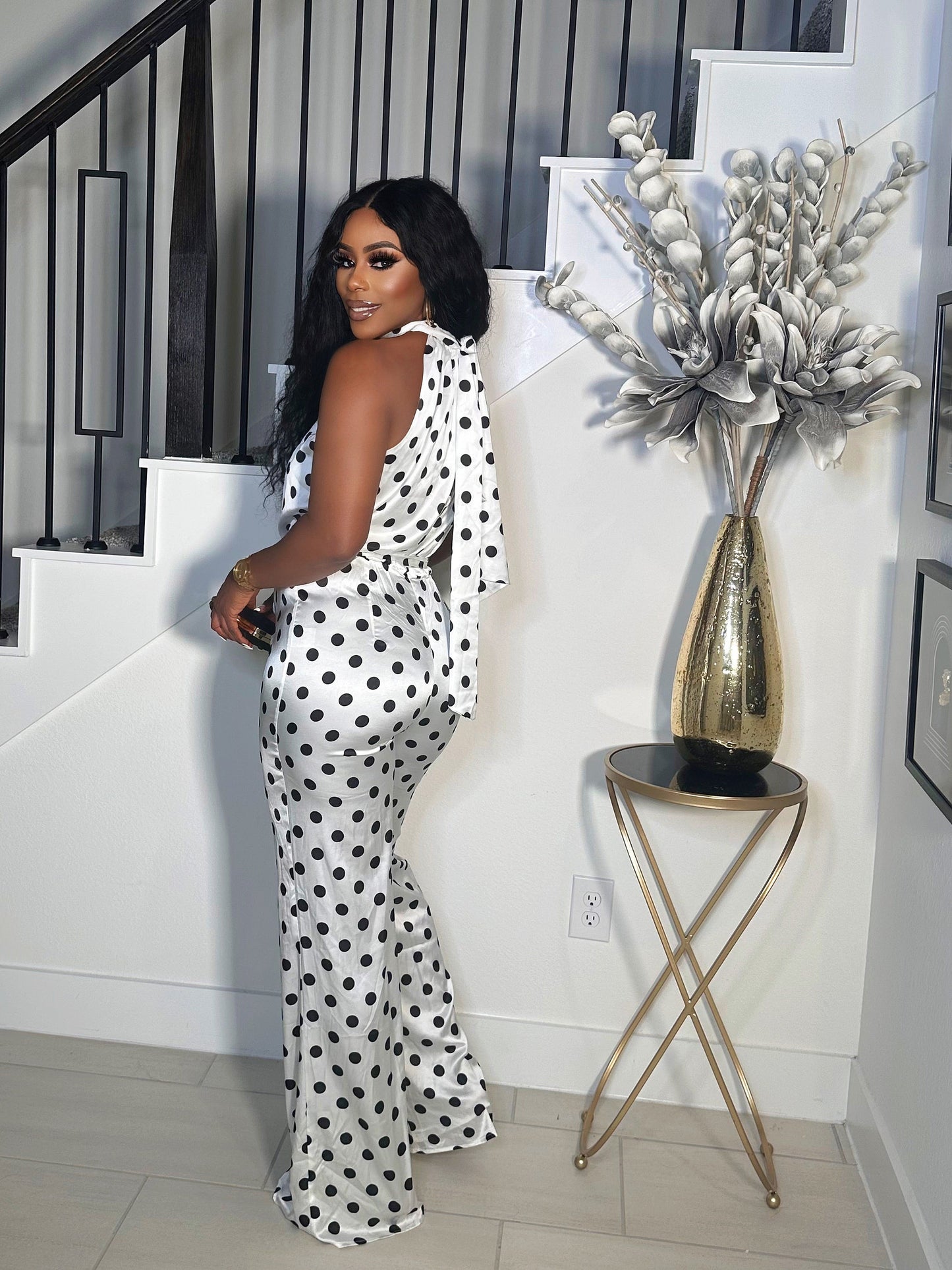 POLKA DOT SELF TIE SILK JUMPSUIT