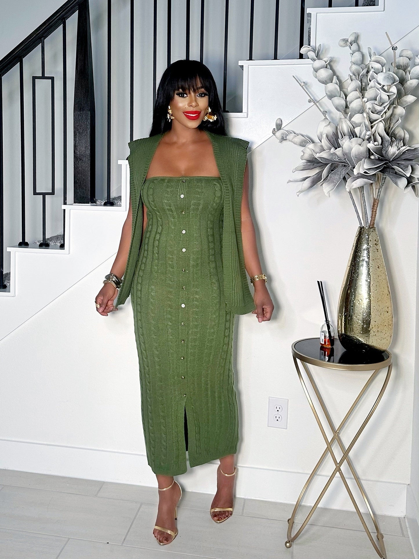 KYLIE 2 PIECE BUTTON DOWN KNIT DRESS (OLIVE)