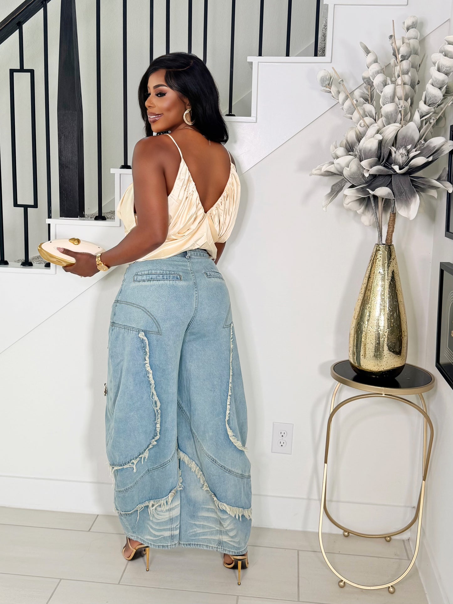 KEISHA DISTRESSED WIDE-LEG DENIM PANTS