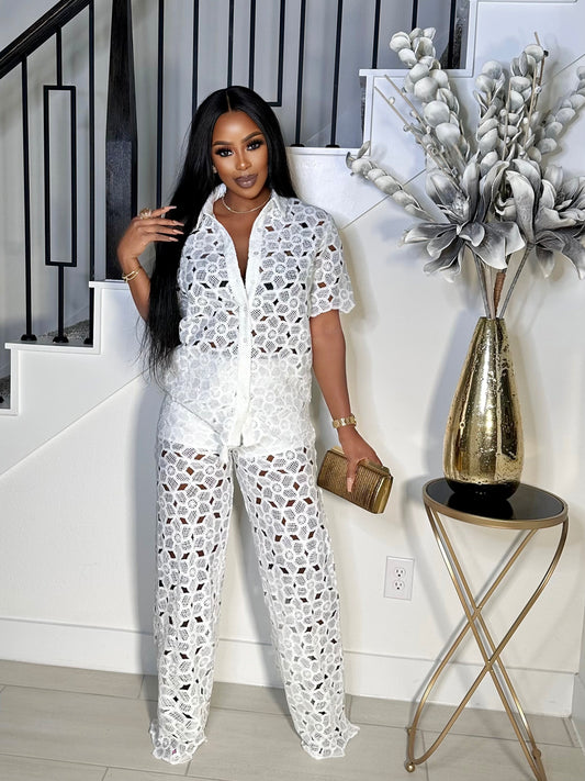 WHITE CLASSY GIRL LACE PANTS SET