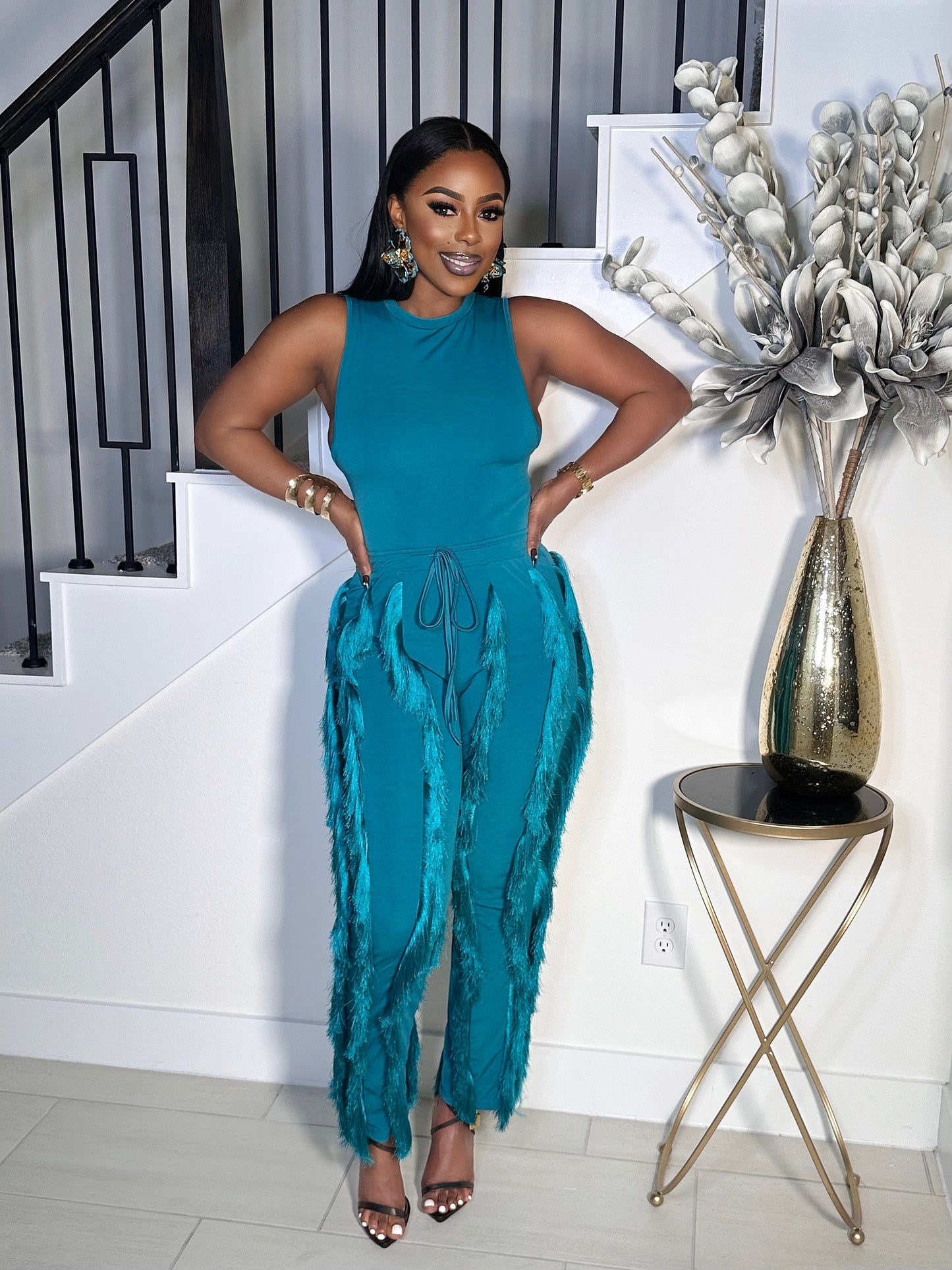 PARTY NEXT DOOR FRINGE PANTS SET (TEAL)