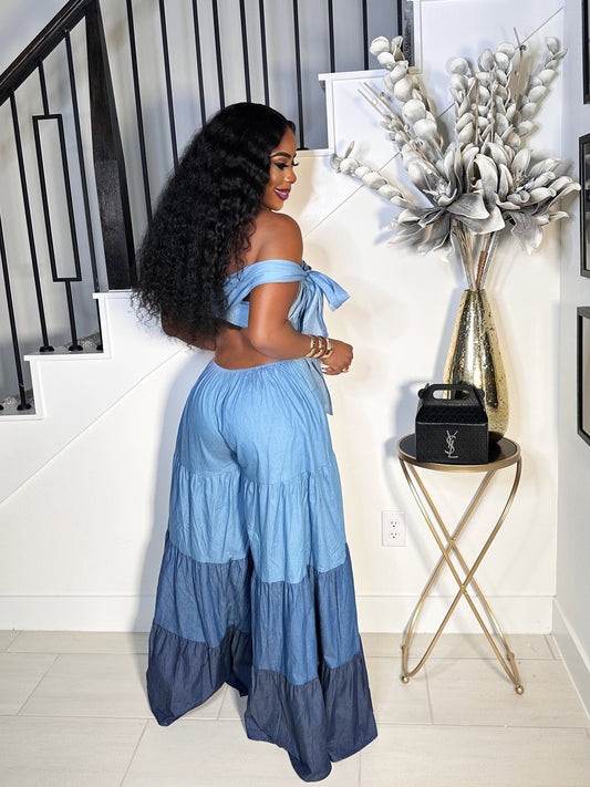 DRAMATIC EFFECT WIDE LEG DEDIM JUMPSUIT