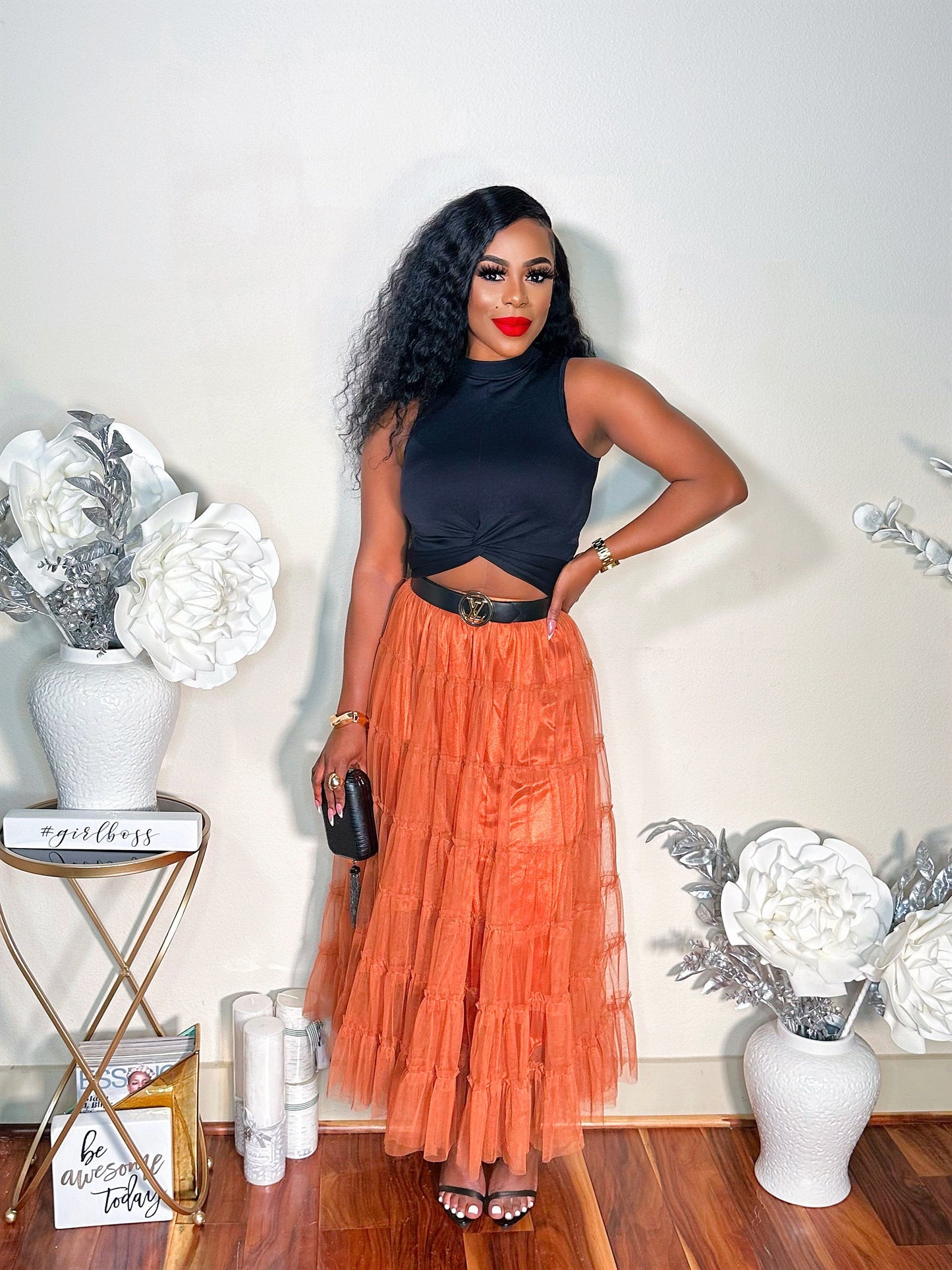 THINK TULLE MIDI SKIRT (RUST)