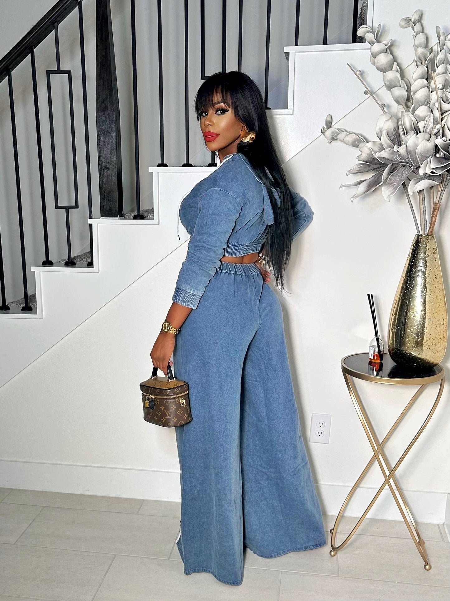 WIDELEGS SLIT DENIM 2 PIECE HOODED PANTS SET