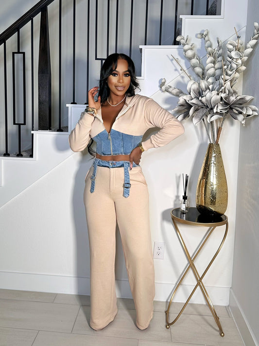 KEEP IT SEXY BEIGE DENIM HOODED SWEATPANTS SET