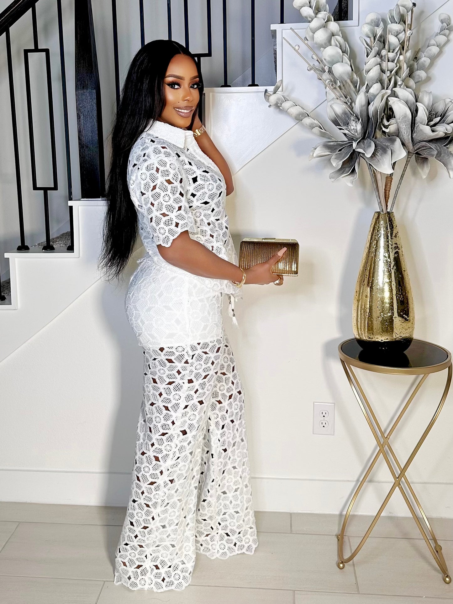 WHITE CLASSY GIRL LACE PANTS SET