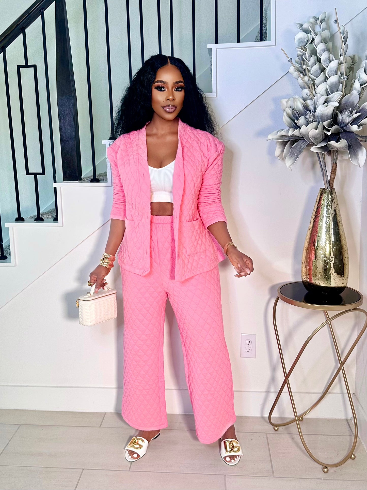 GLAM UP IN QUILT PANTS SET (PINK)