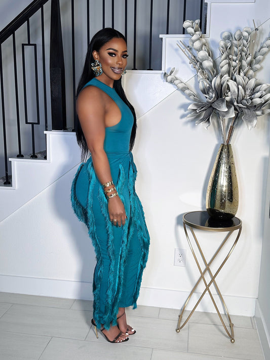 PARTY NEXT DOOR FRINGE PANTS SET (TEAL)