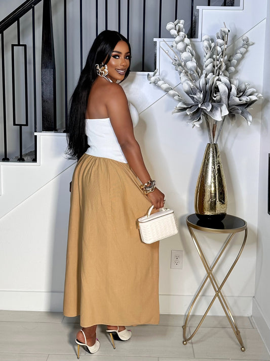 CHANTEL KNITTED HALTER NECK DRESS (IVORY/CAMEL)