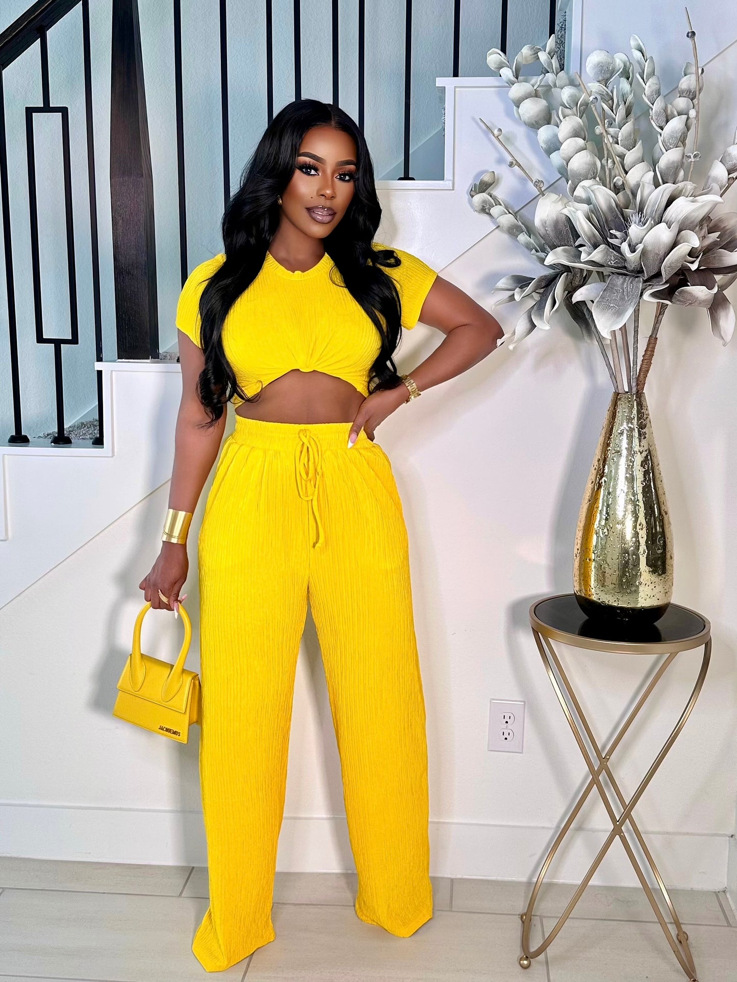 KHLOE STRETCHY 2 PIECE PANTS SET (YELLOW)