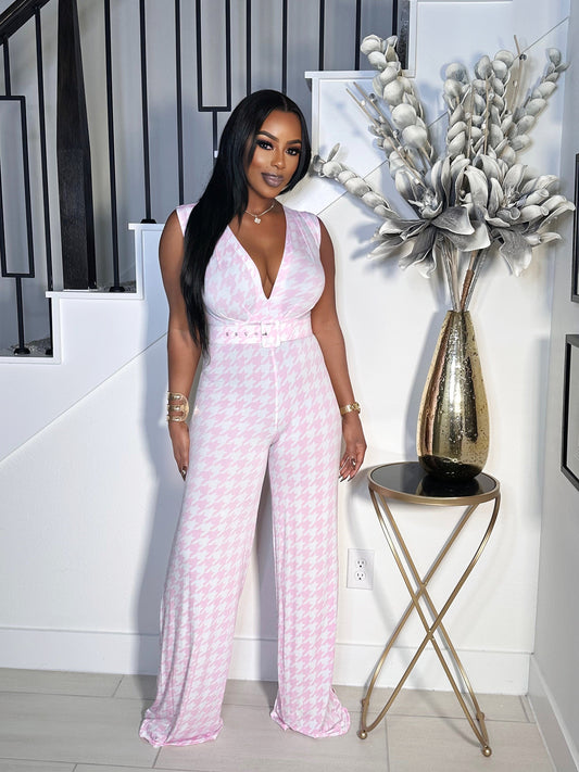 WOMAN UP FLARE JUMPSUIT (PINK/WHITE)