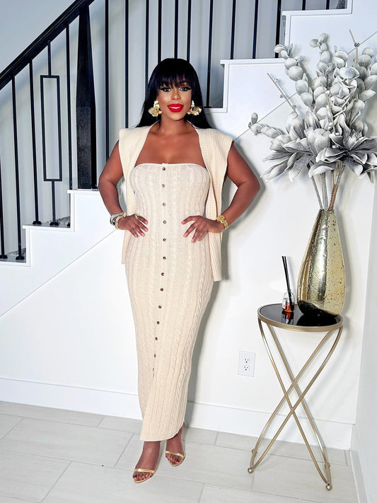 KYLIE 2 PIECE BUTTON DOWN KNIT DRESS (SAND)