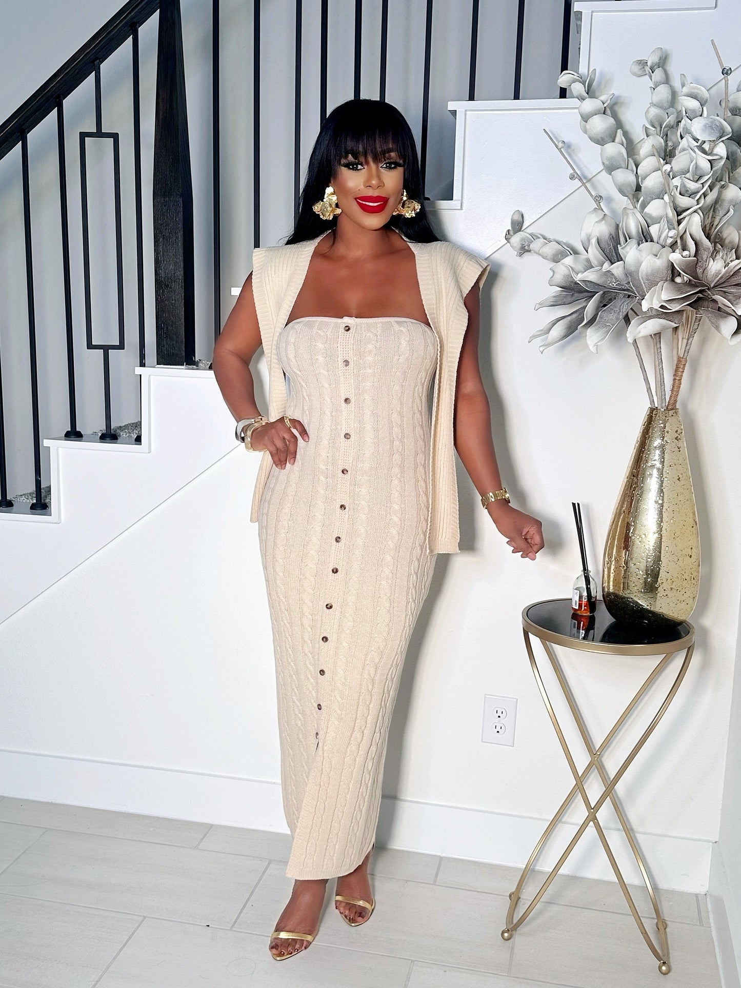 KYLIE 2 PIECE BUTTON DOWN KNIT DRESS (SAND)