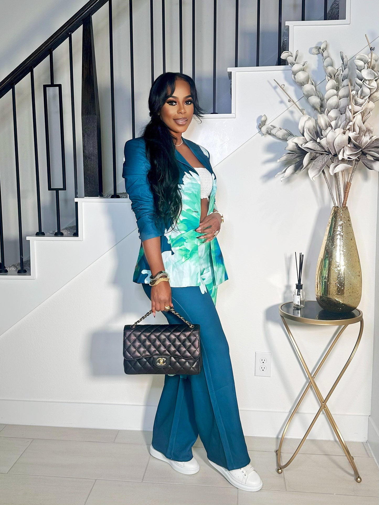 ALL THINGS FLORAL BLAZER PANTS SET (TEAL/GREEN)