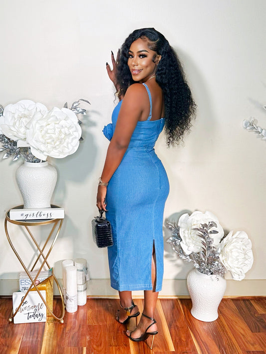 READY TO STEP OUT FLOWER DENIM DRESS