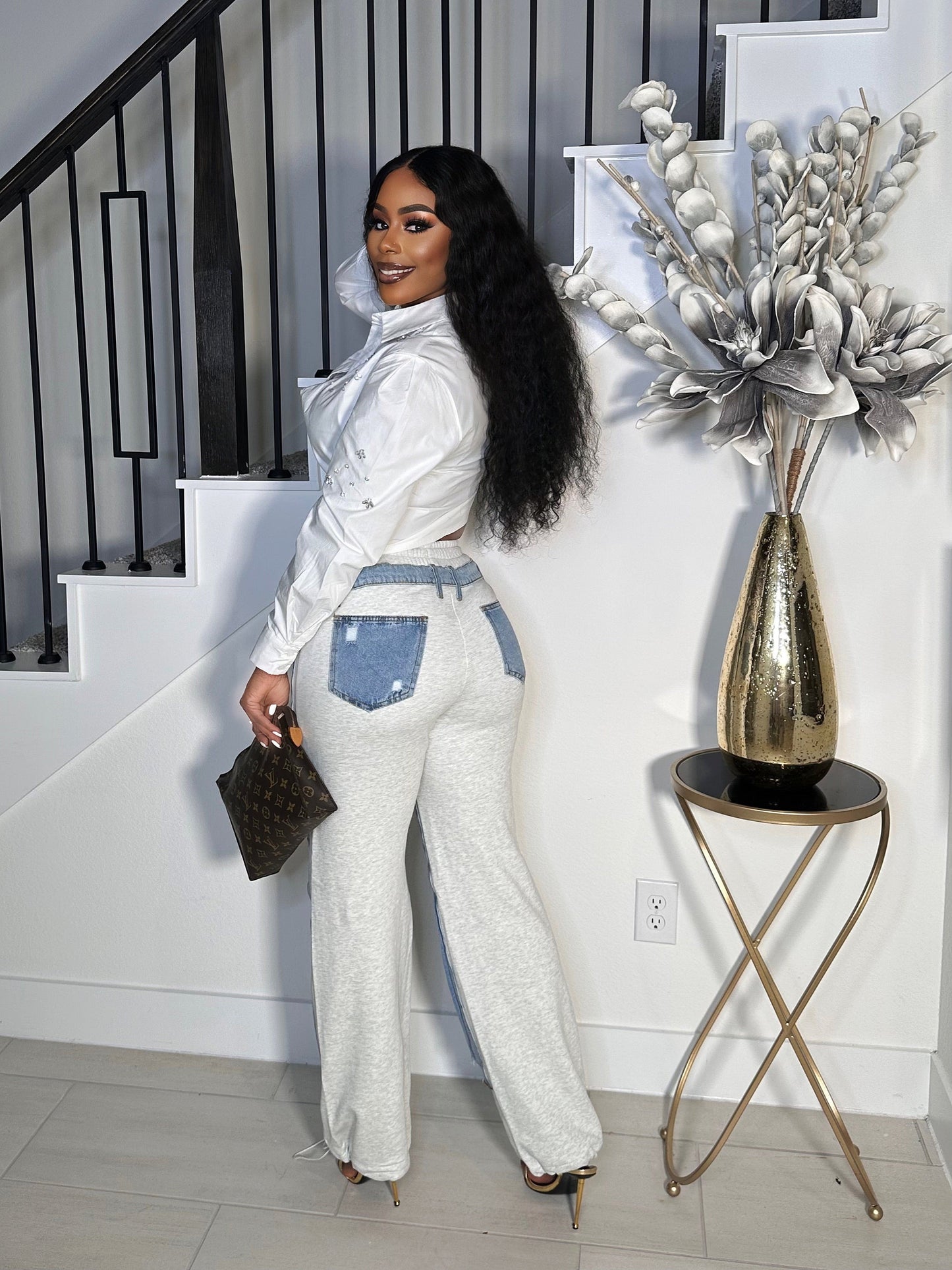 KELLY DISTRESS CARGO DRAW STRING DENIM PANTS