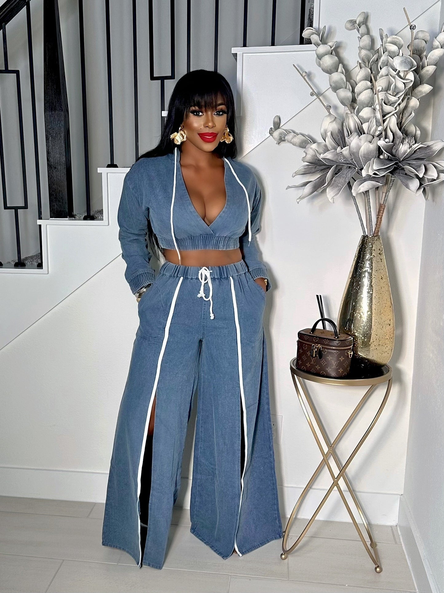 WIDELEGS SLIT DENIM 2 PIECE HOODED PANTS SET