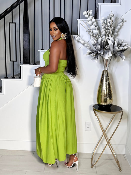 CHANTEL KNITTED HALTER NECK DRESS (CHARTREUSE)