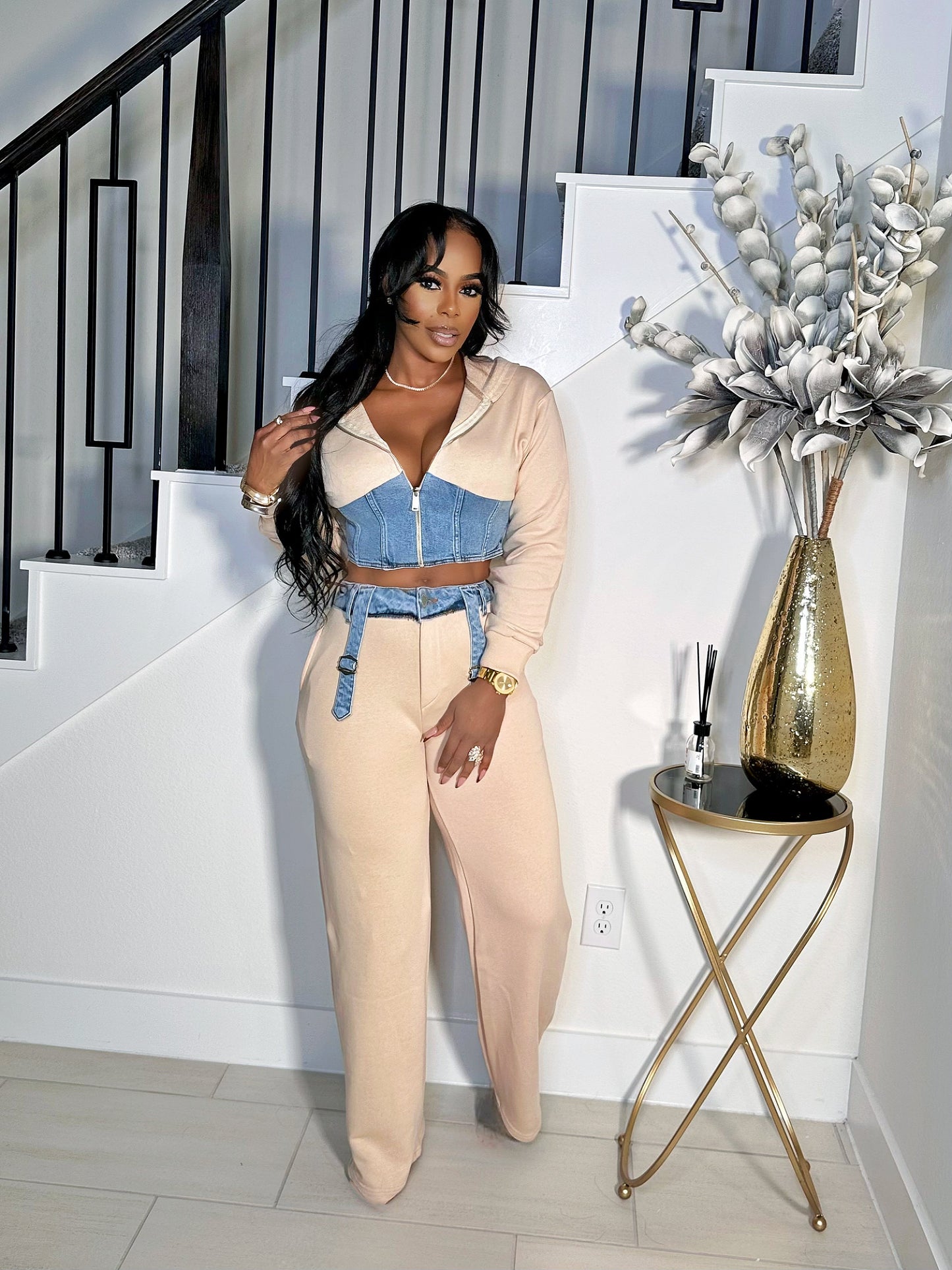 KEEP IT SEXY BEIGE DENIM HOODED SWEATPANTS SET