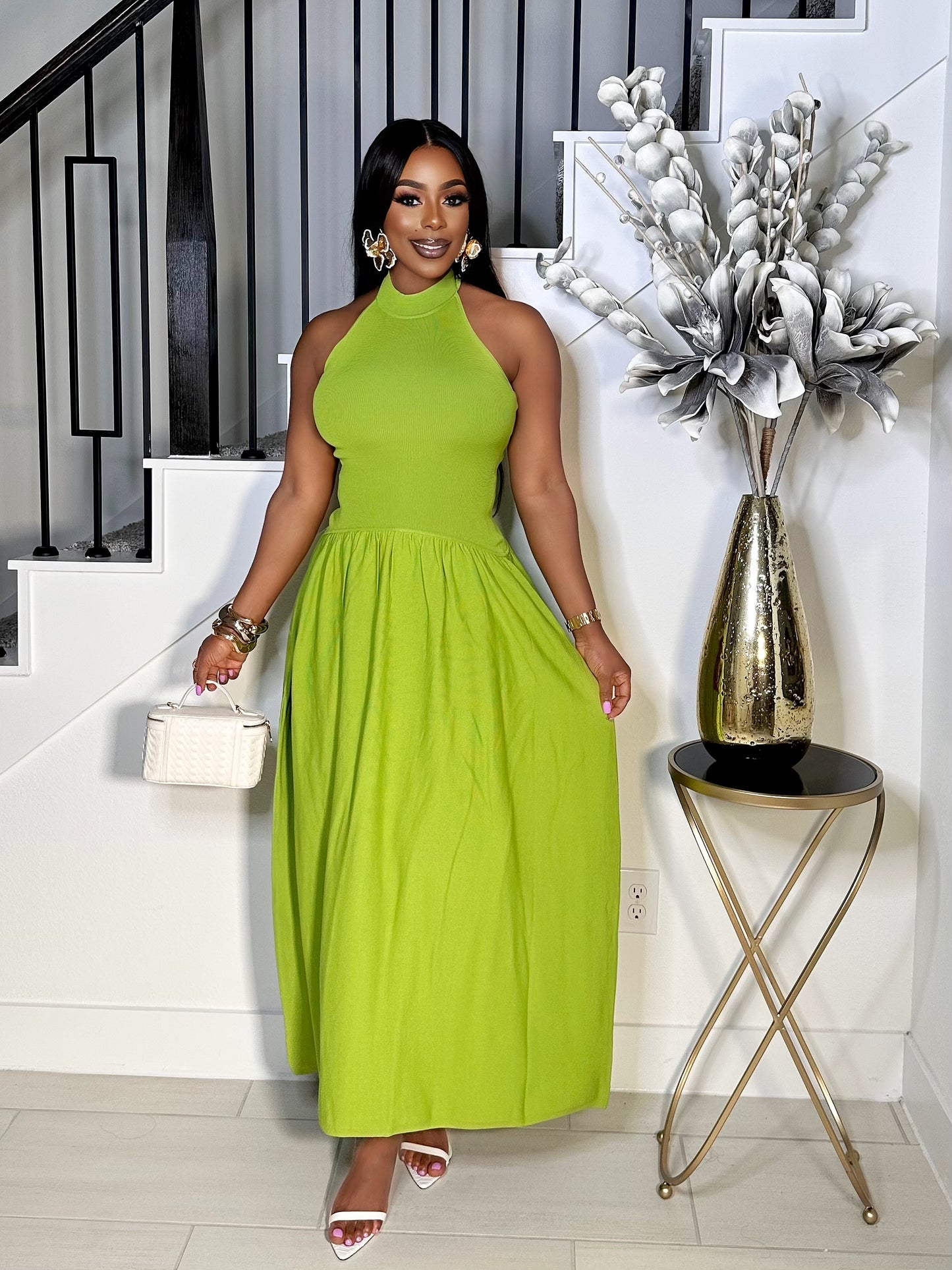 CHANTEL KNITTED HALTER NECK DRESS (CHARTREUSE)
