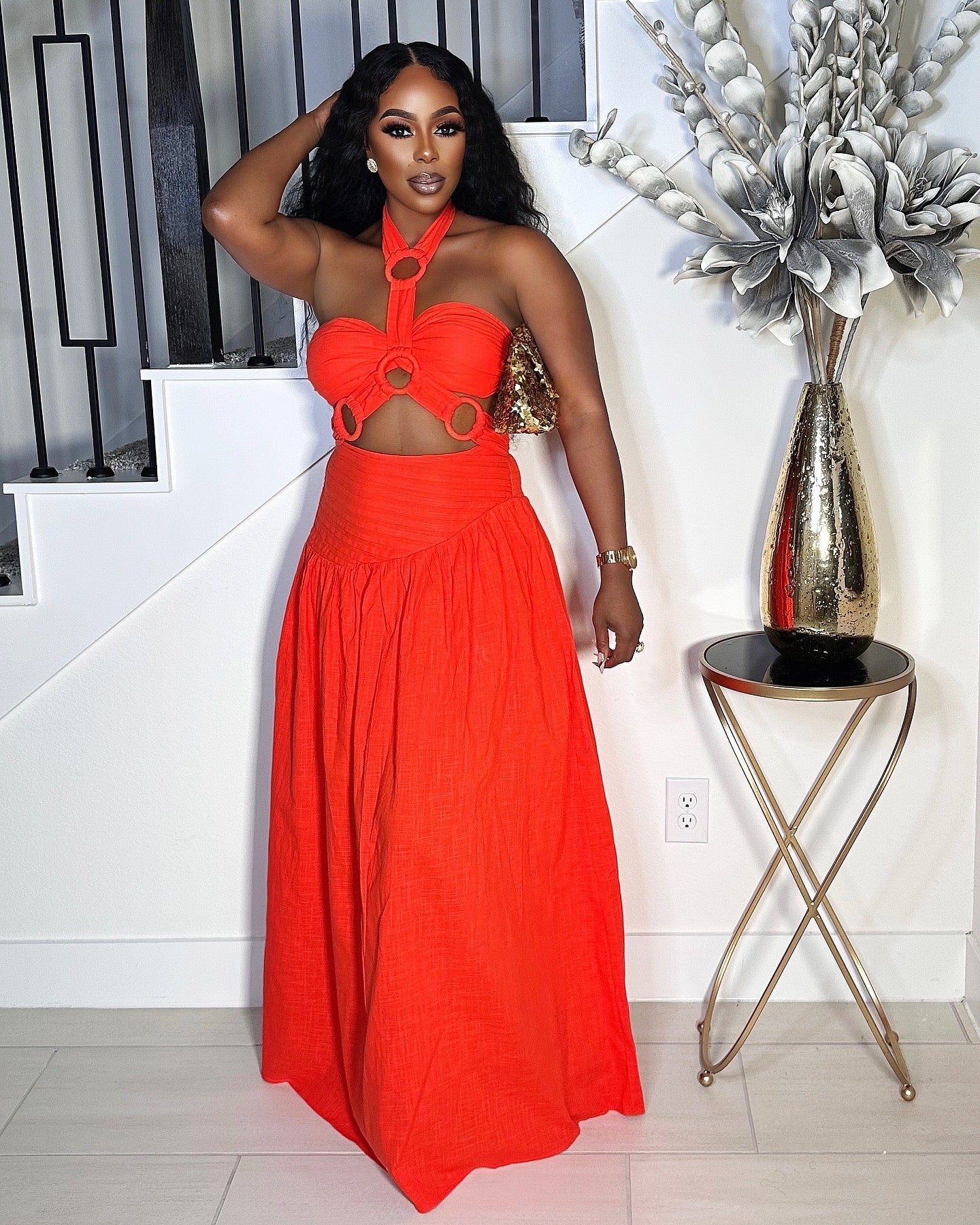 MAJOR ATTRACTION LINEN 2 PIECE MAXI DRESS (CORAL)
