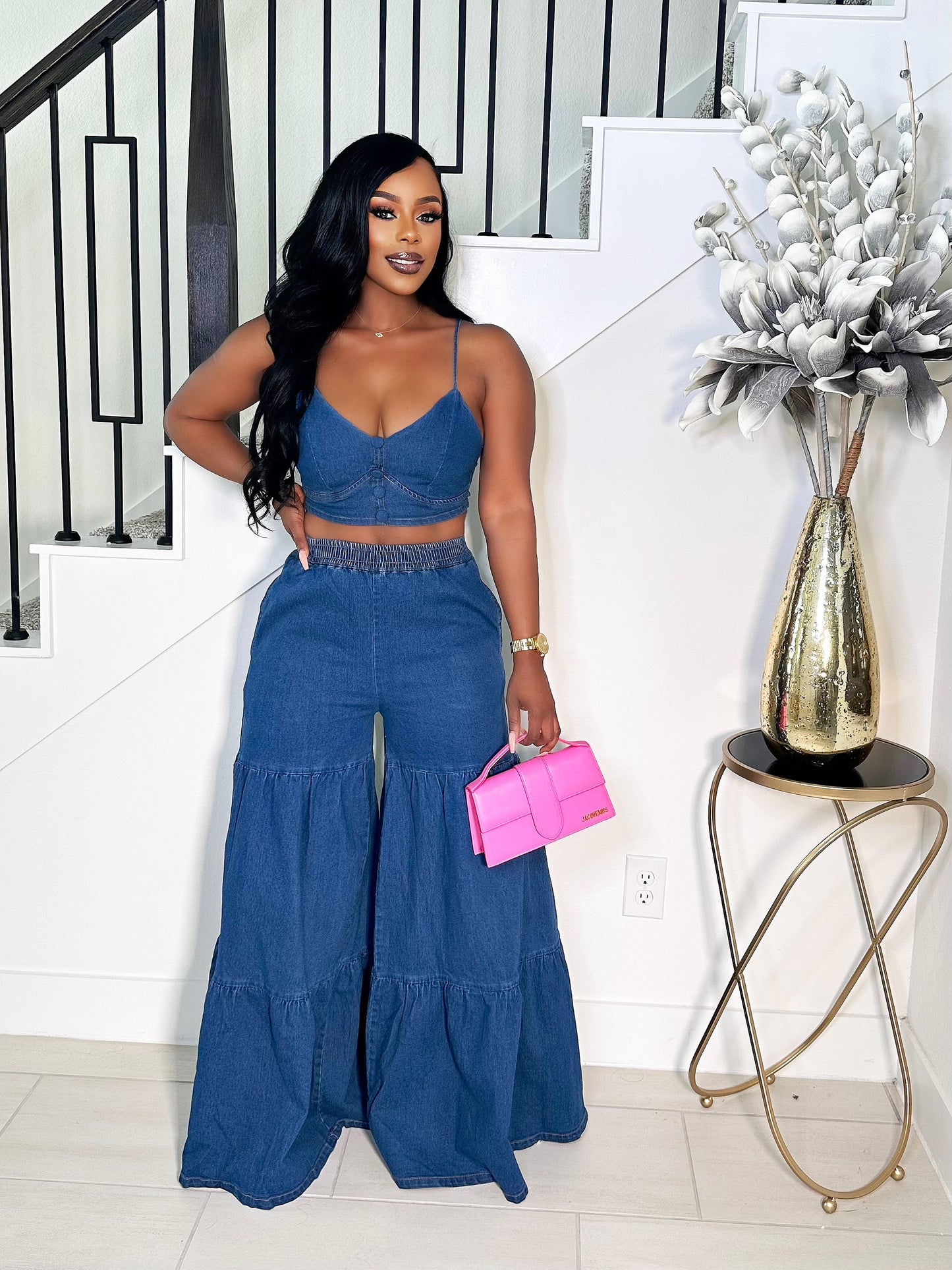GO WITH THE FLOW DENIM WIDE LEG PANTS SET
