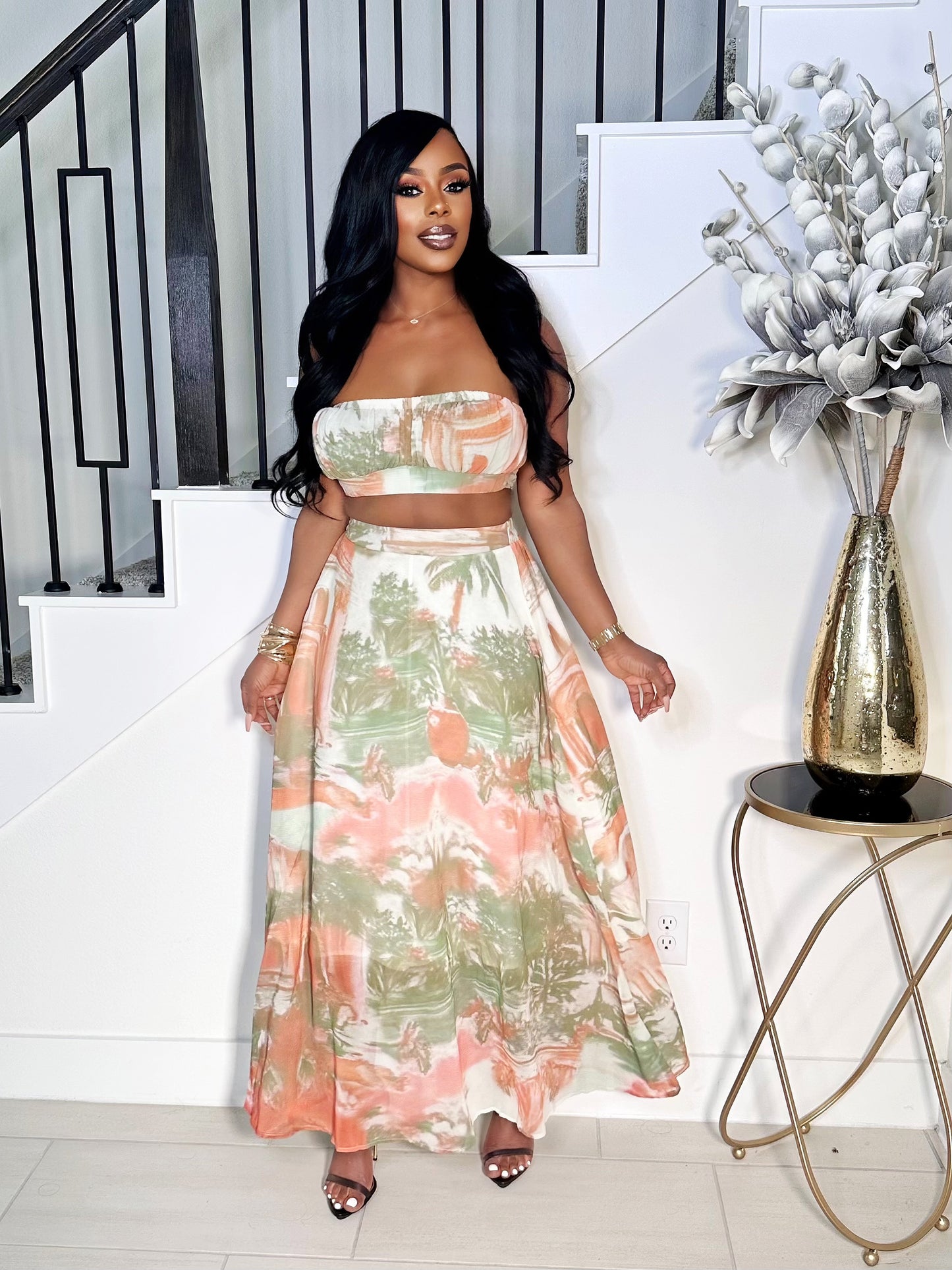 CITY GIRL VIBE STRAPLESS TOP AND MAXI SKIRT SET