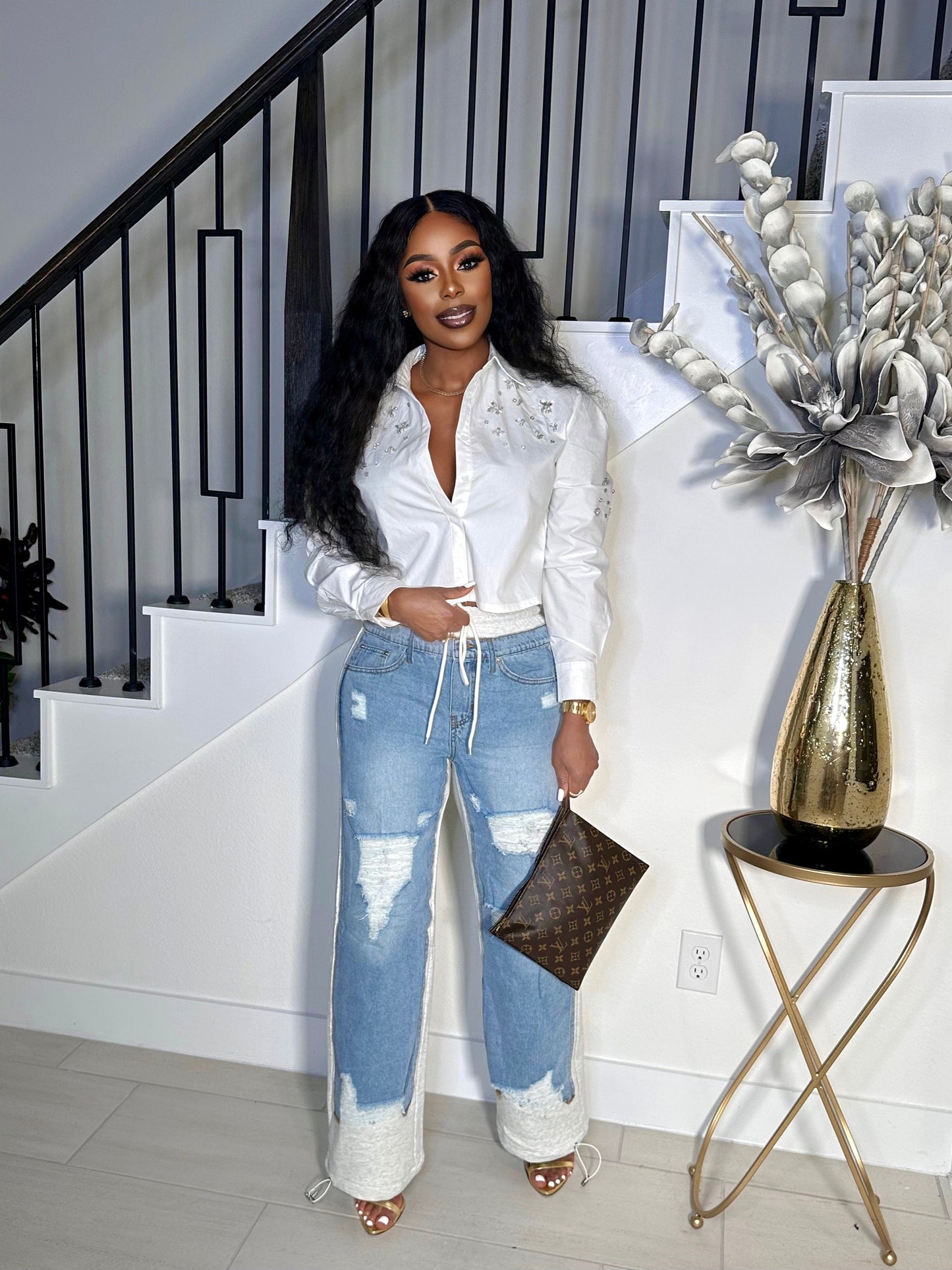 KELLY DISTRESS CARGO DRAW STRING DENIM PANTS