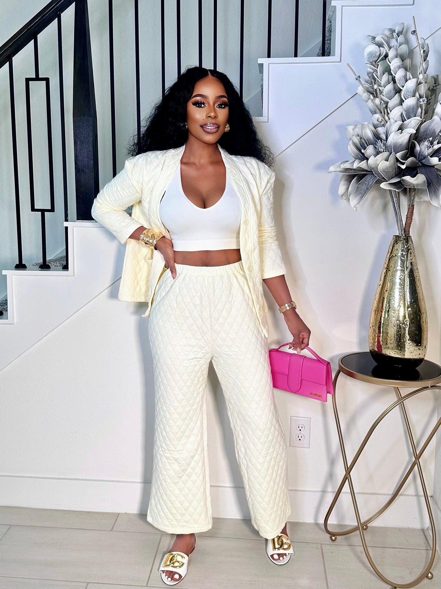GLAM UP IN QUILT PANTS SET (CREAM)