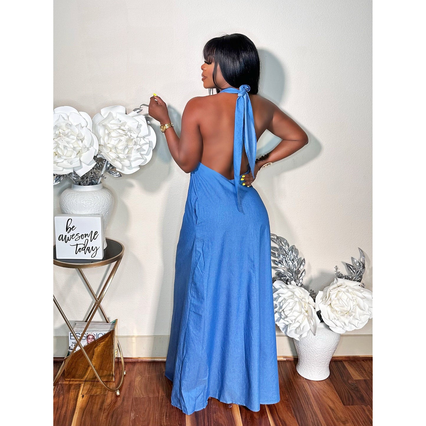 TAKE A WALK OPEN BACK DENIM LIKE MAXI DRESS