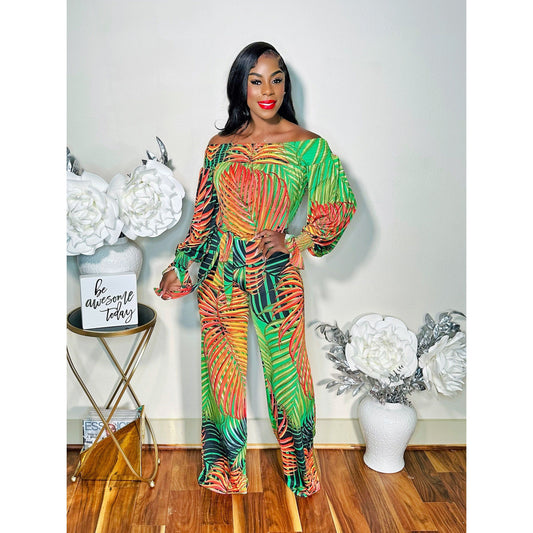 TROPICAL PRINT OFF THE SHOULDER JUMPSUIT