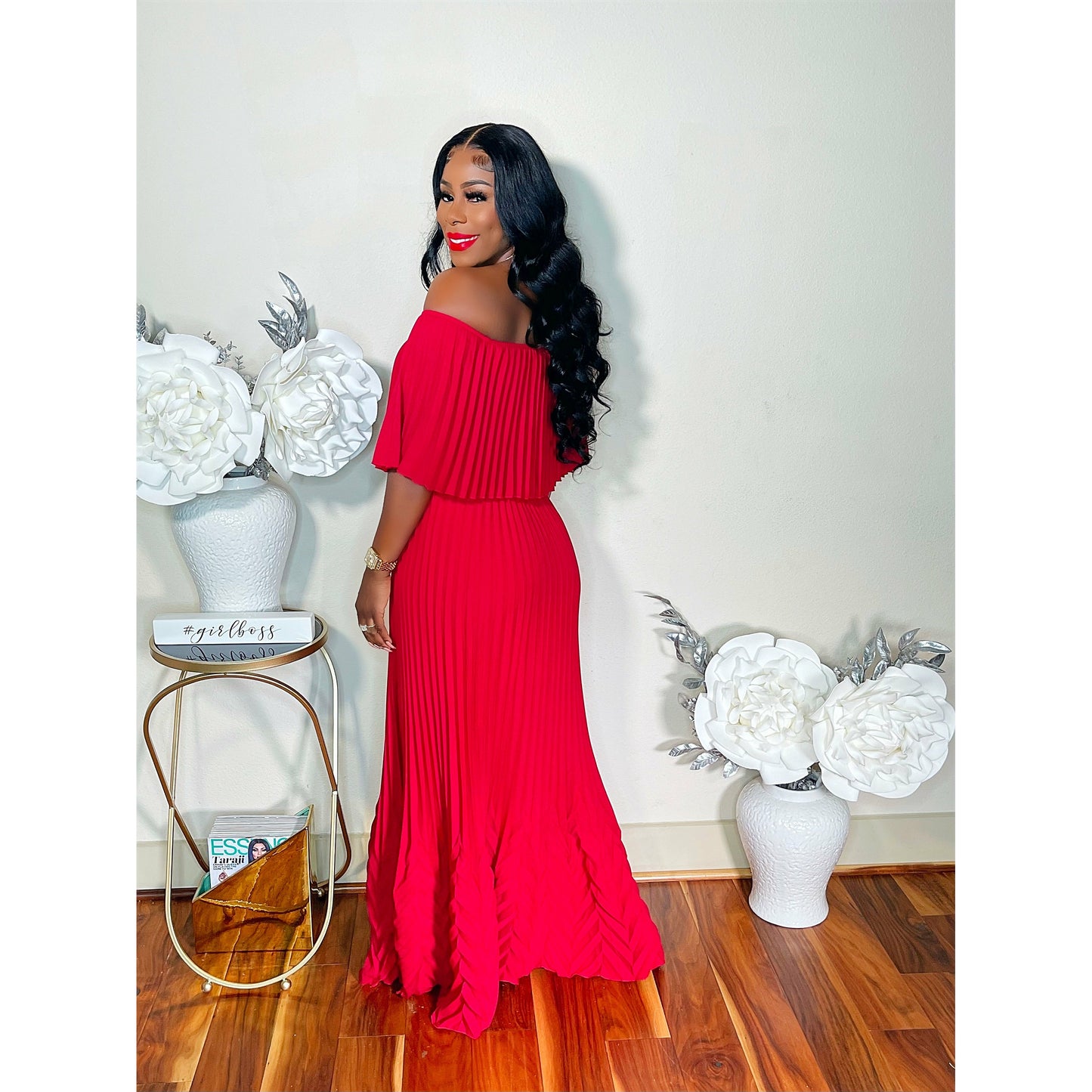PLEAT WITH STYLE OFF THE SHOULDER MAXI DRESS (WINE)
