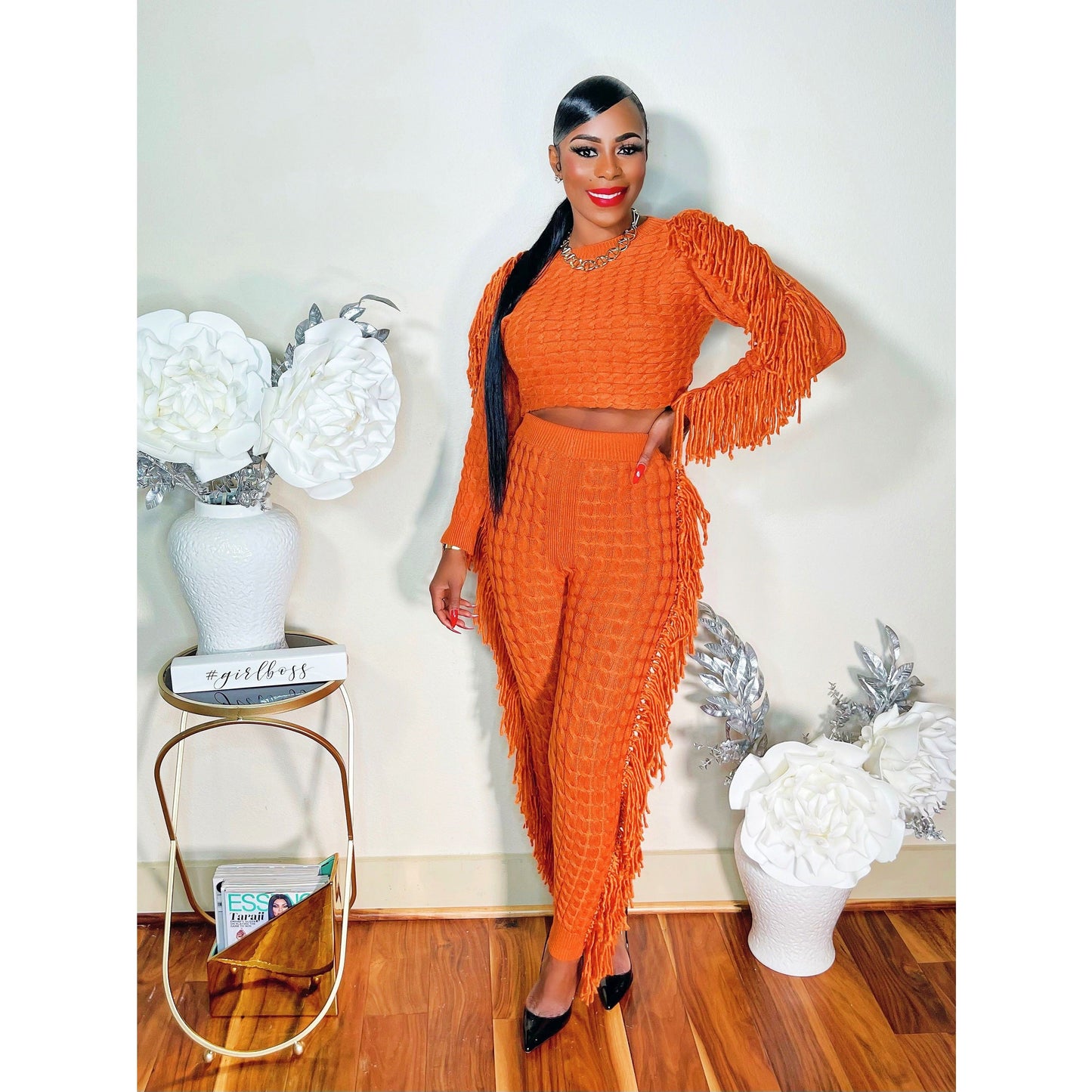 TESSEL ME KNIT PANTS SET (RUST)