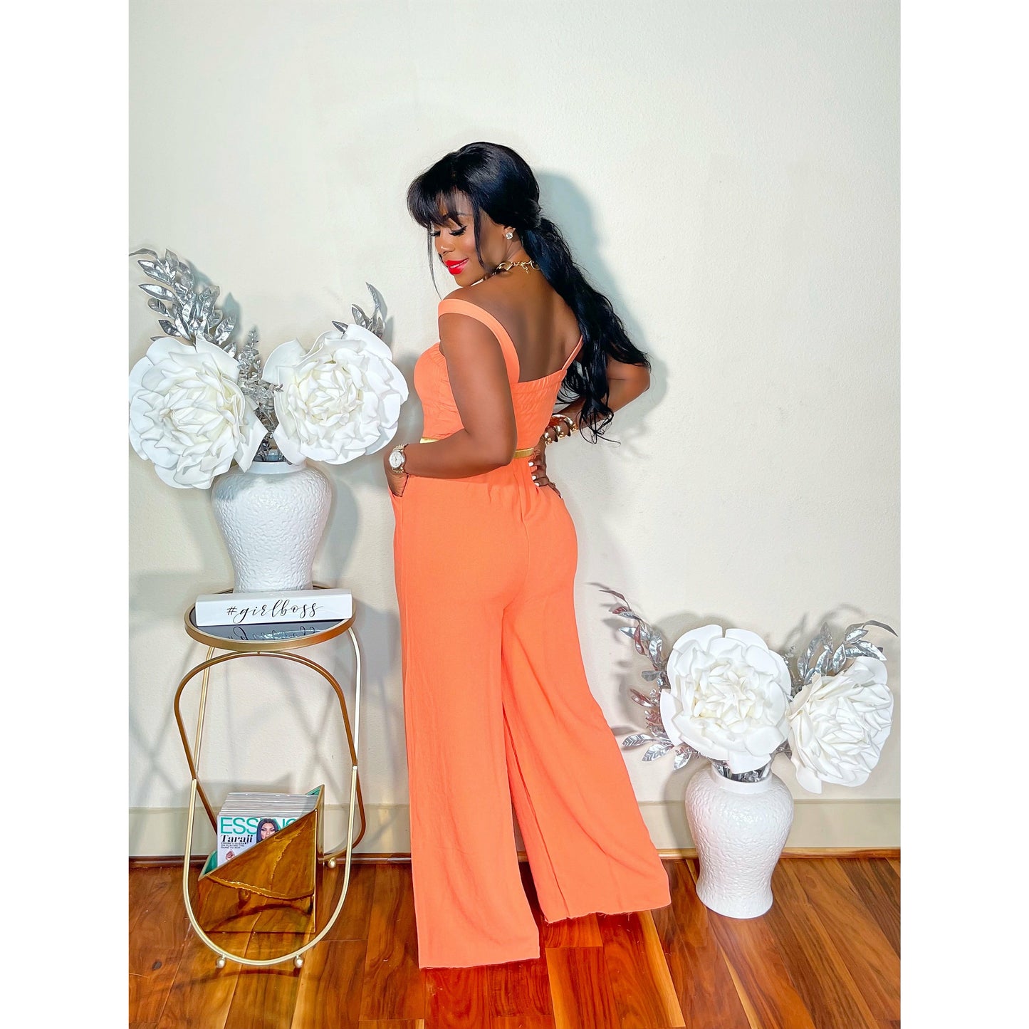 STRAP UP FLARE JUMPSUIT (NEON CORAL)
