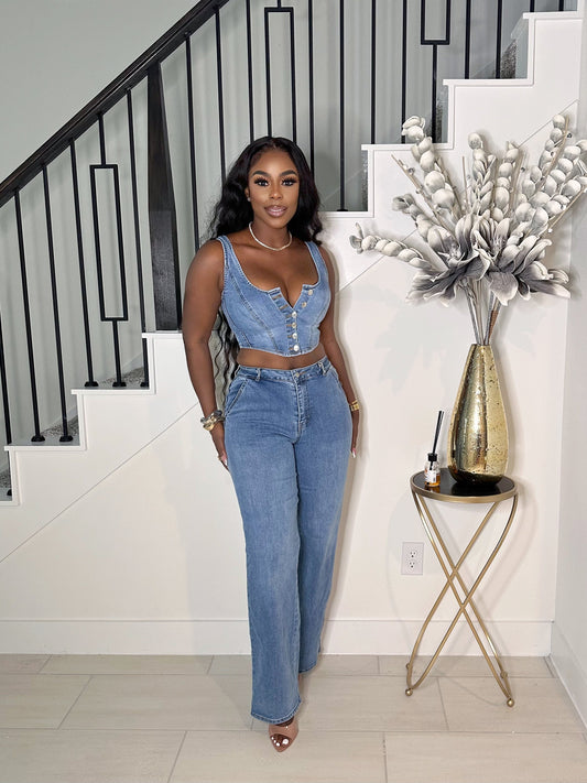 DENIM IS LIFE BUTTON DOWN MATCHING PANTS SET