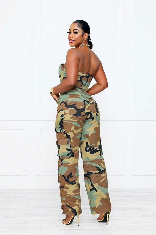 BACK AT IT CAMO CARGO JUMPSUIT
