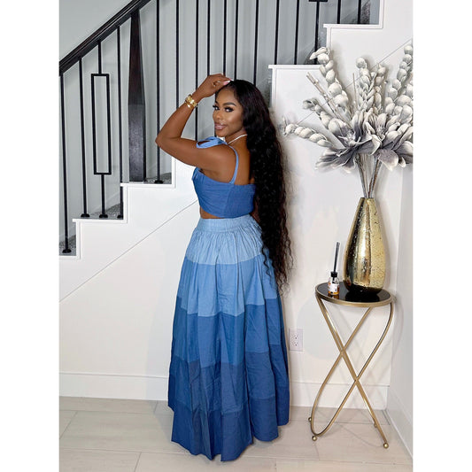 TIE ME UP DENIM MAXI SKIRT SET