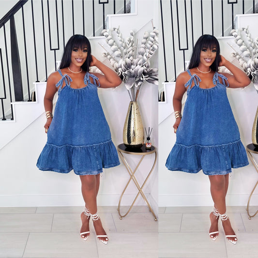 FLIRT IN DENIM SELF TIE FLARED DRESS (RESTOCK)