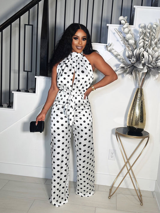 POLKA DOT SELF TIE SILK JUMPSUIT