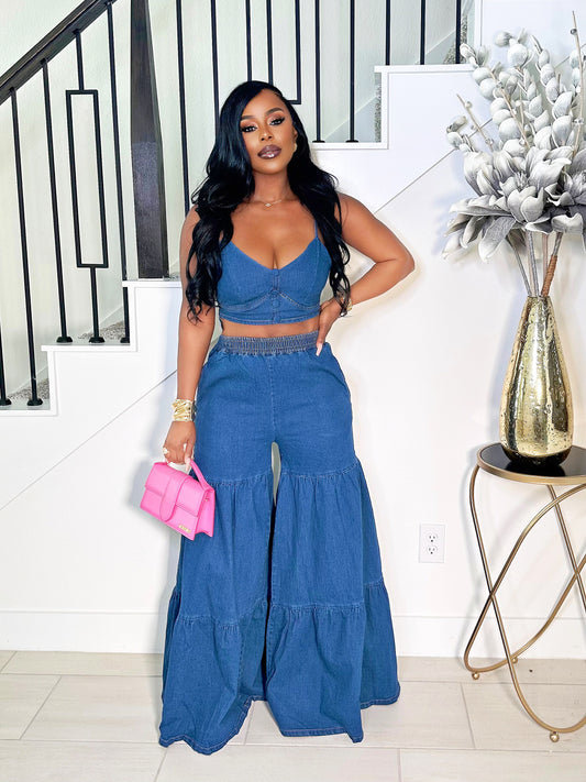 GO WITH THE FLOW DENIM WIDE LEG PANTS SET