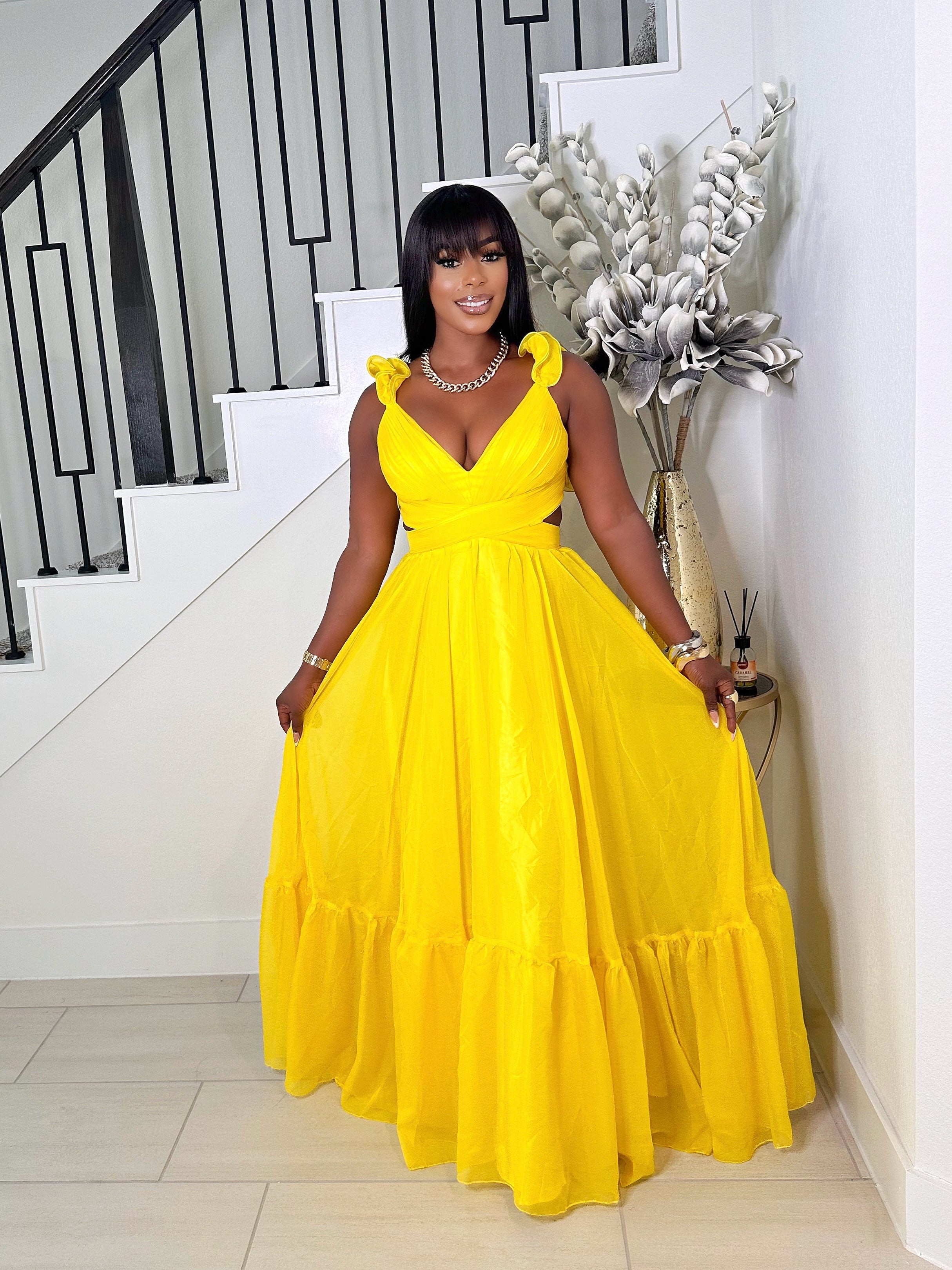 maxi dresses yellow ELEGANT TASTE DRESS (YELLOW) (RESTOCK) SMALL summer cowgirl Vintage 1950s Yellow Gold and strappy sandals for Color:White Leather
