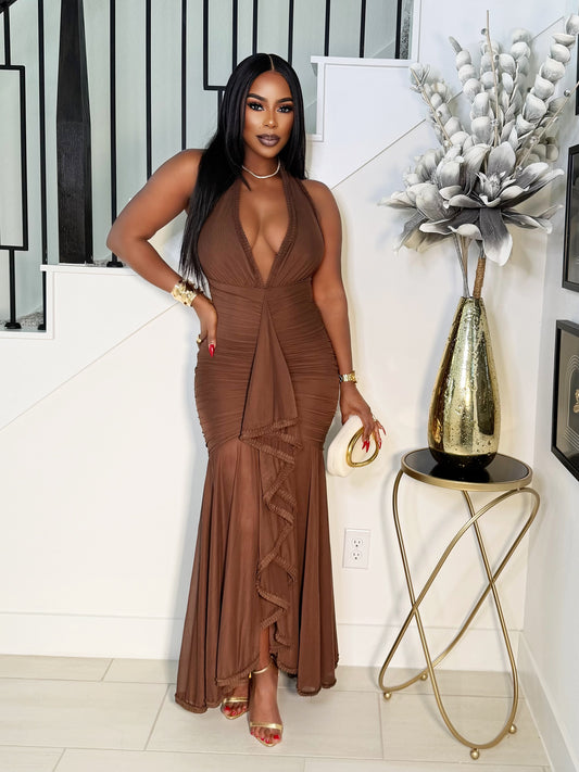 STELLA MAXI HALTER NECK DRESS (CHOCOLATE)
