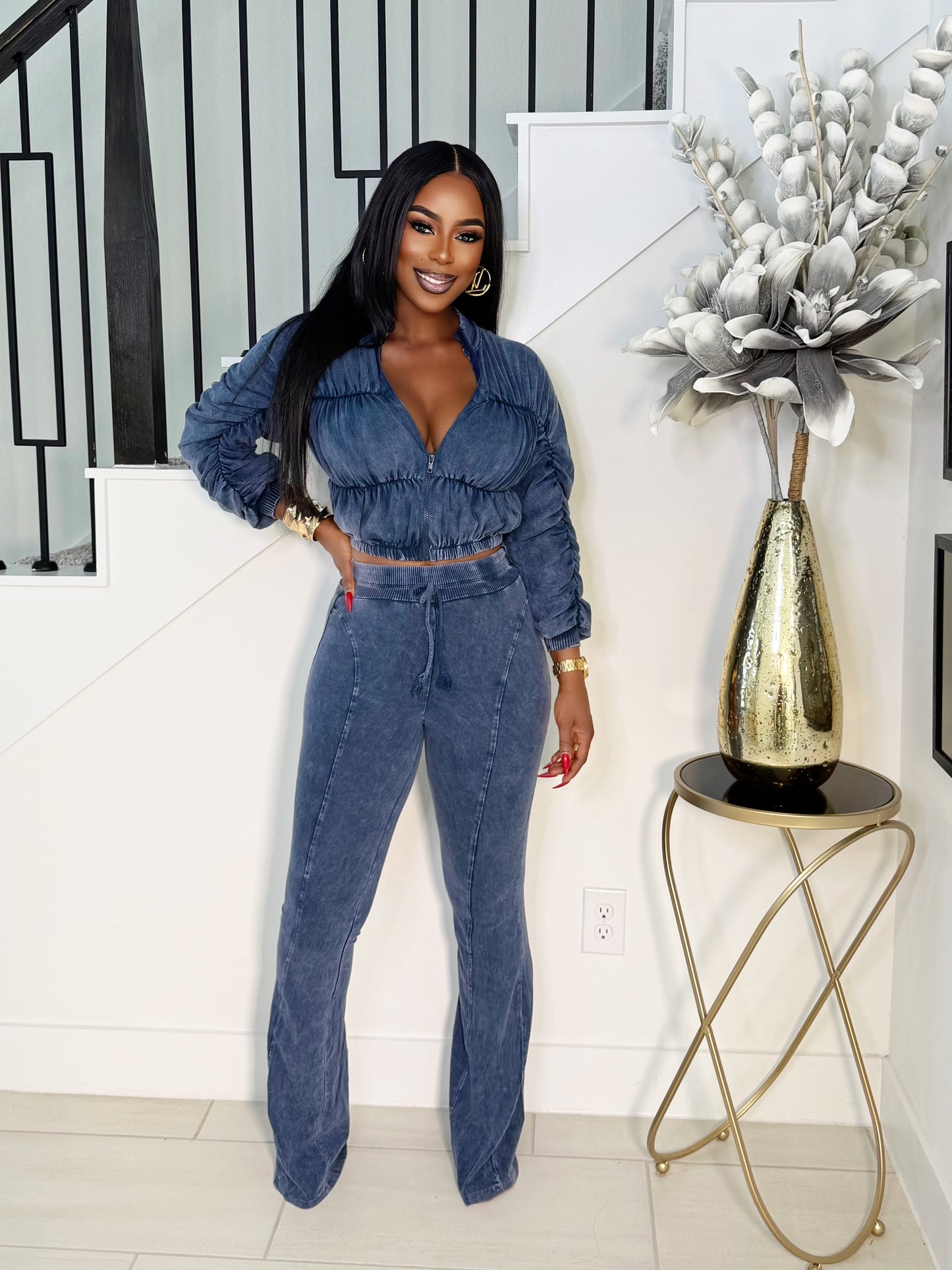 KEISHA 2 PIECE WASH PANTS SET (NAVY)