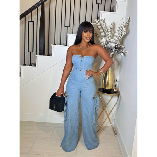 CASSIE STRAPLESS DENIM JUMSUIT (S-XL)