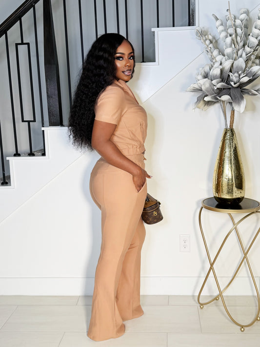 MISS LISA SHORT SLEEVES FLARE TACK PANTS SET (MOCHA)